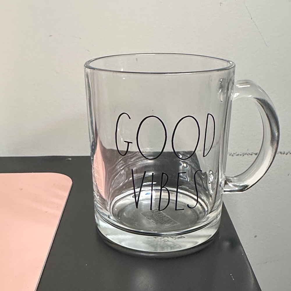 Rae Dunn Clear Glass Mug with Black Text
